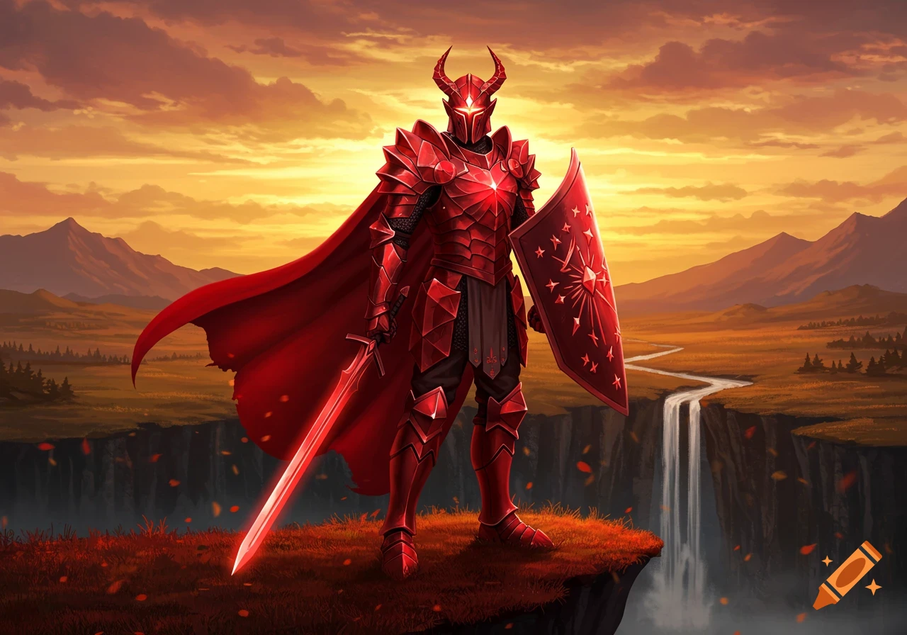 A formidable warrior in glowing red horned armor, with sword and shield, stands on a cliff overlooking a waterfall and mountains at sunset.