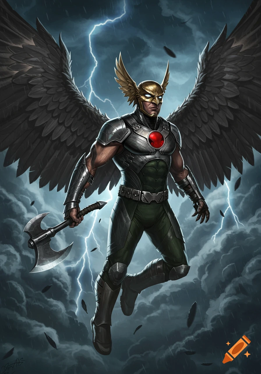 Hawkman superhero in metallic armor and large dark wings holds a double-edged axe, flying in a stormy sky with lightning.