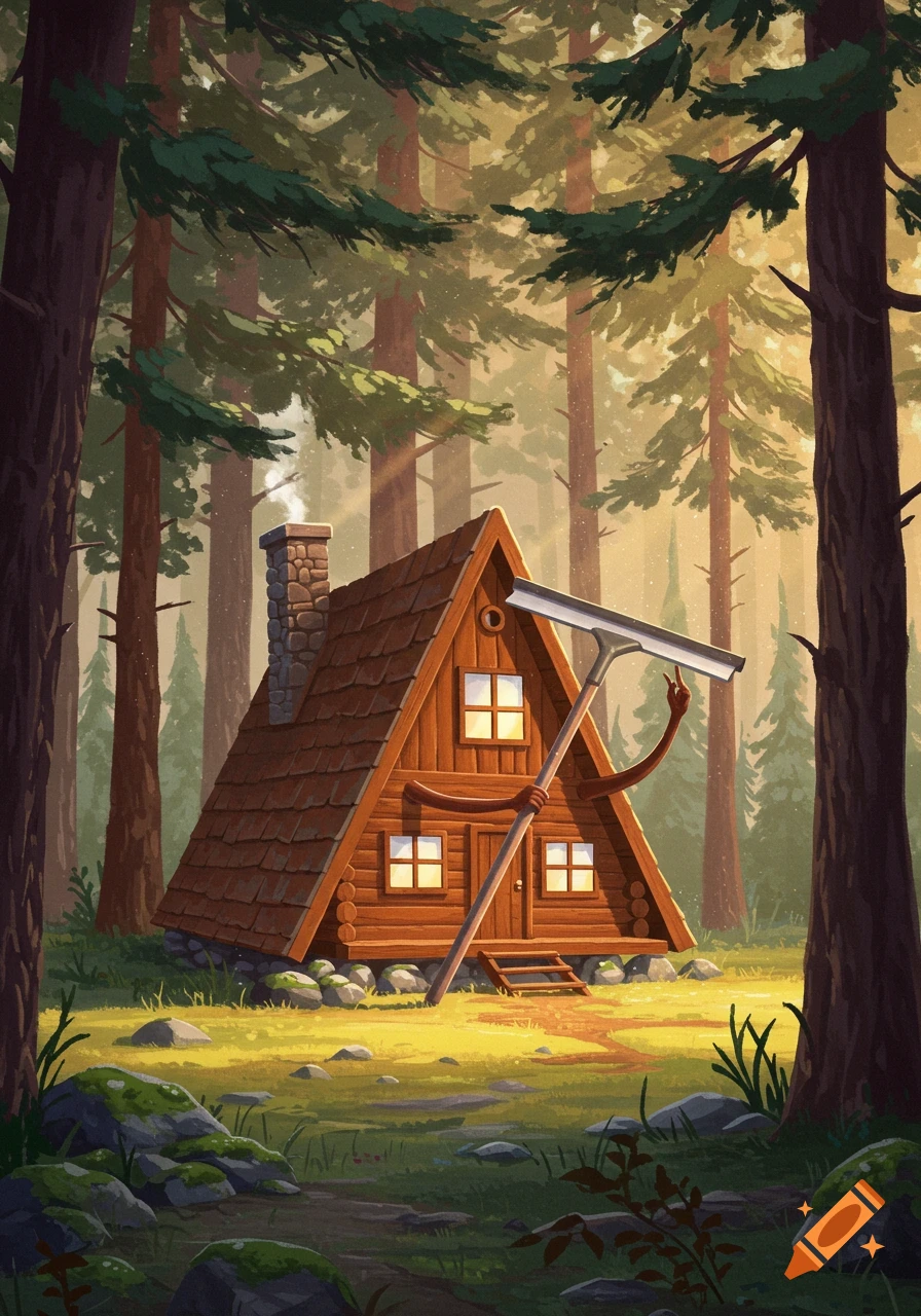 A whimsical A-frame cabin with arms holds a squeegee in a sunlit forest, cartoon style.