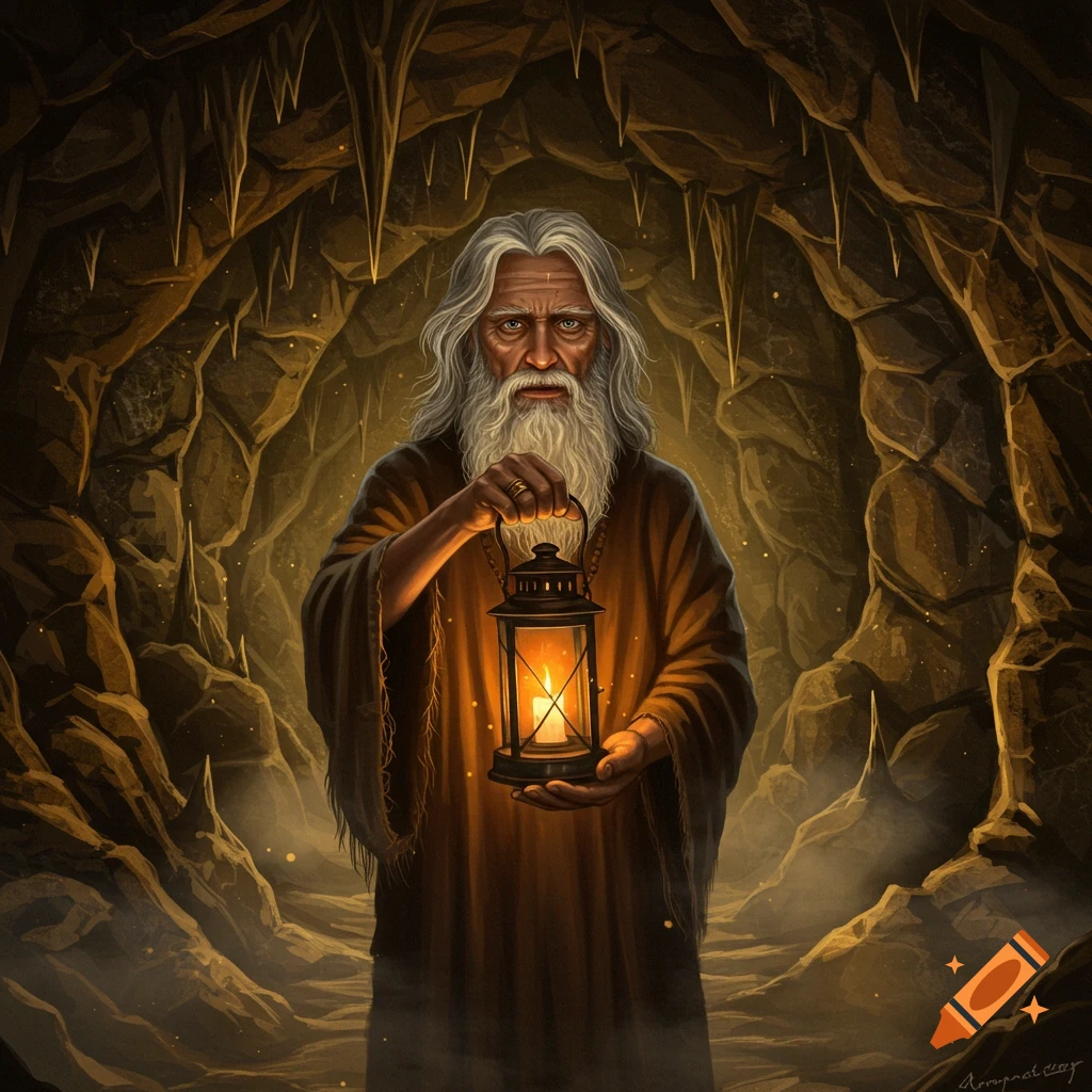 An elderly man with a long white beard, wearing a brown robe, holds a lit lantern in a dark, rocky cave.