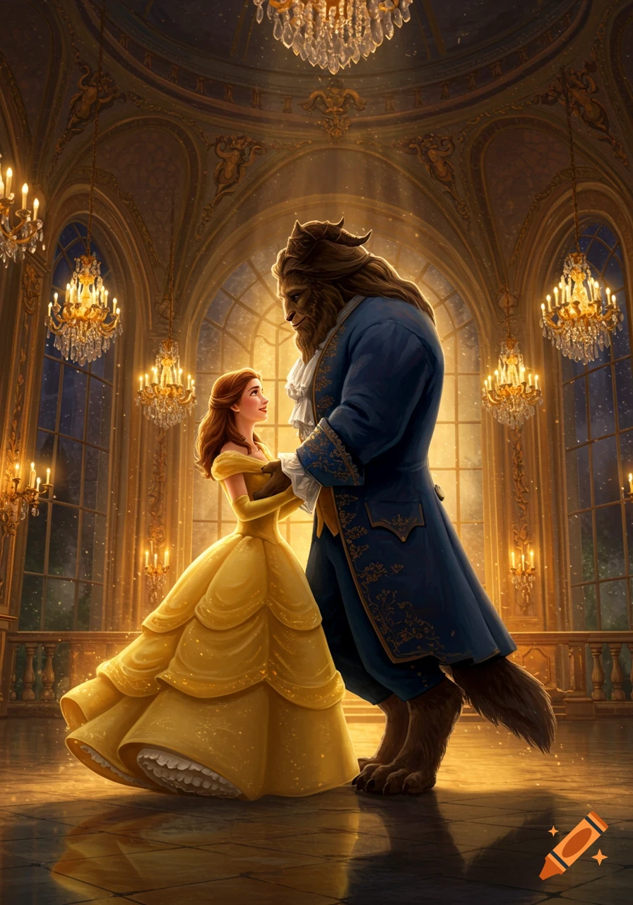 Belle in a yellow gown dances with the Beast in a blue suit in a grand, chandelier-lit ballroom with large windows.