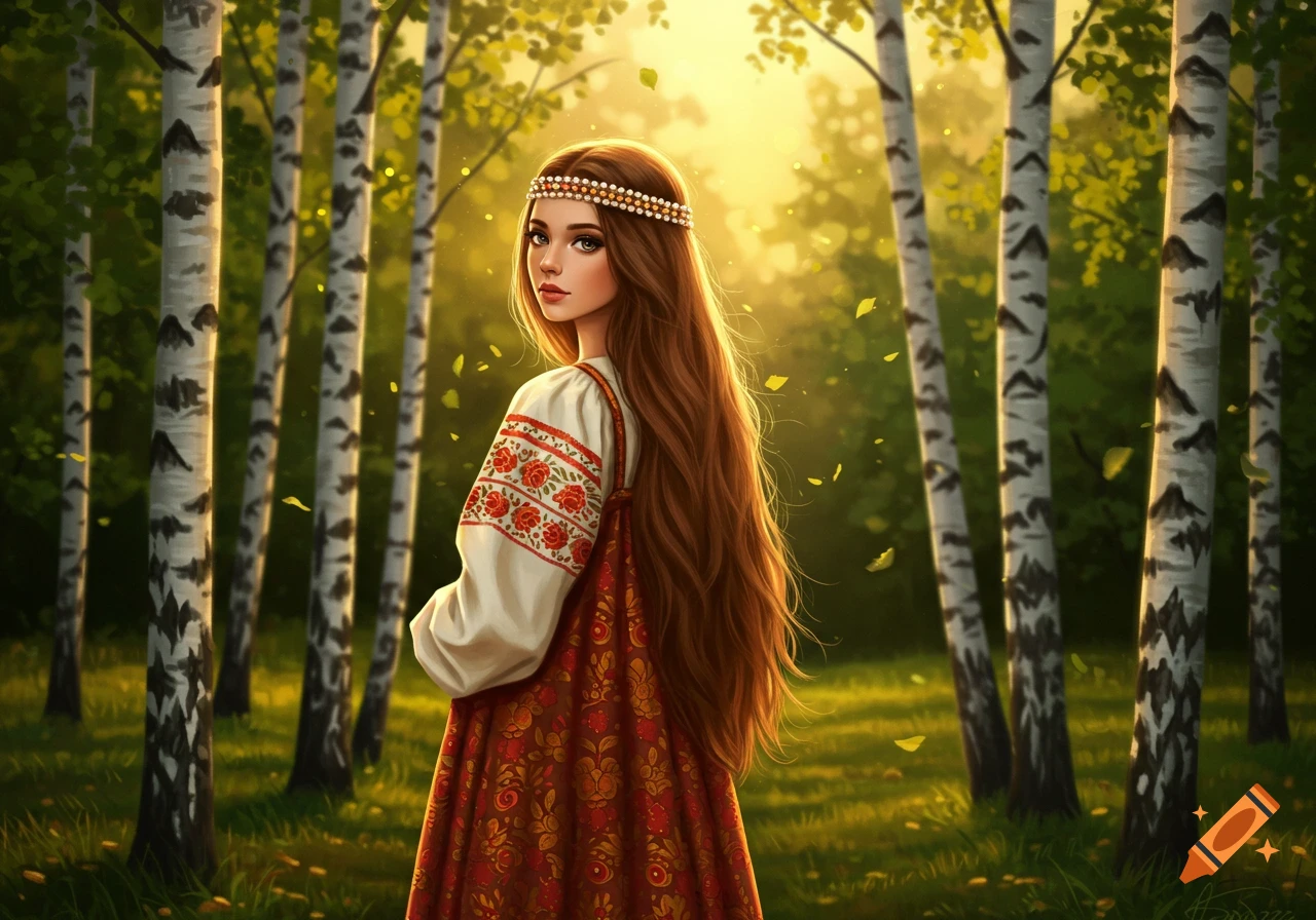 A young woman with long brown hair and a beaded headband, wearing a traditional embroidered dress, stands in a sunlit birch forest, looking over her shoulder.