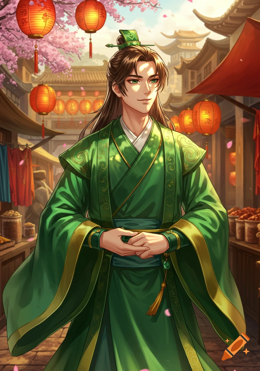 A young anime-style man in a green Tang Dynasty robe with long hair and green eyes stands in a vibrant Chinese market with red lanterns and cherry blossoms.