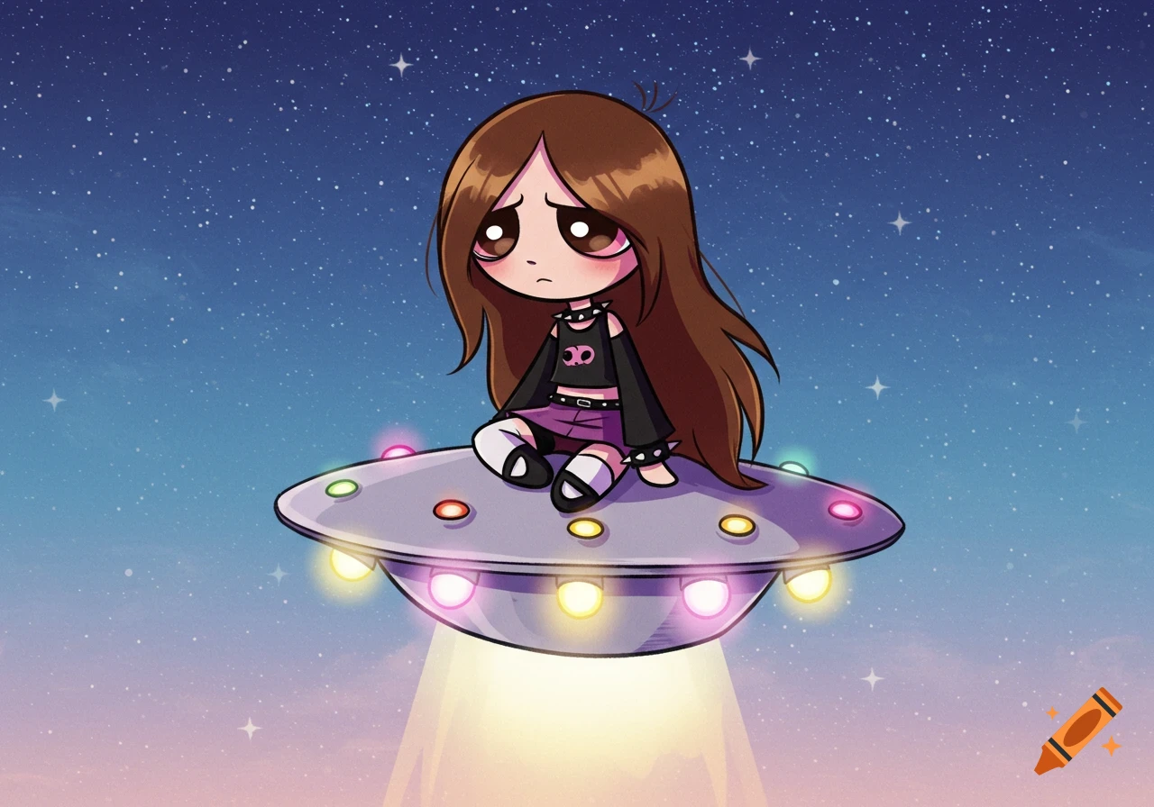 Powerpuff Girls style emo girl with brown hair sits on a glowing UFO in a starry night sky.