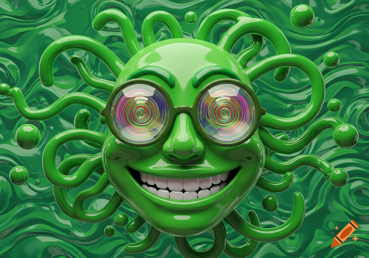 A vibrant green cartoon face with tentacle-like hair, wearing swirly, hypnotic glasses and a big smile. The background is a wavy green texture.