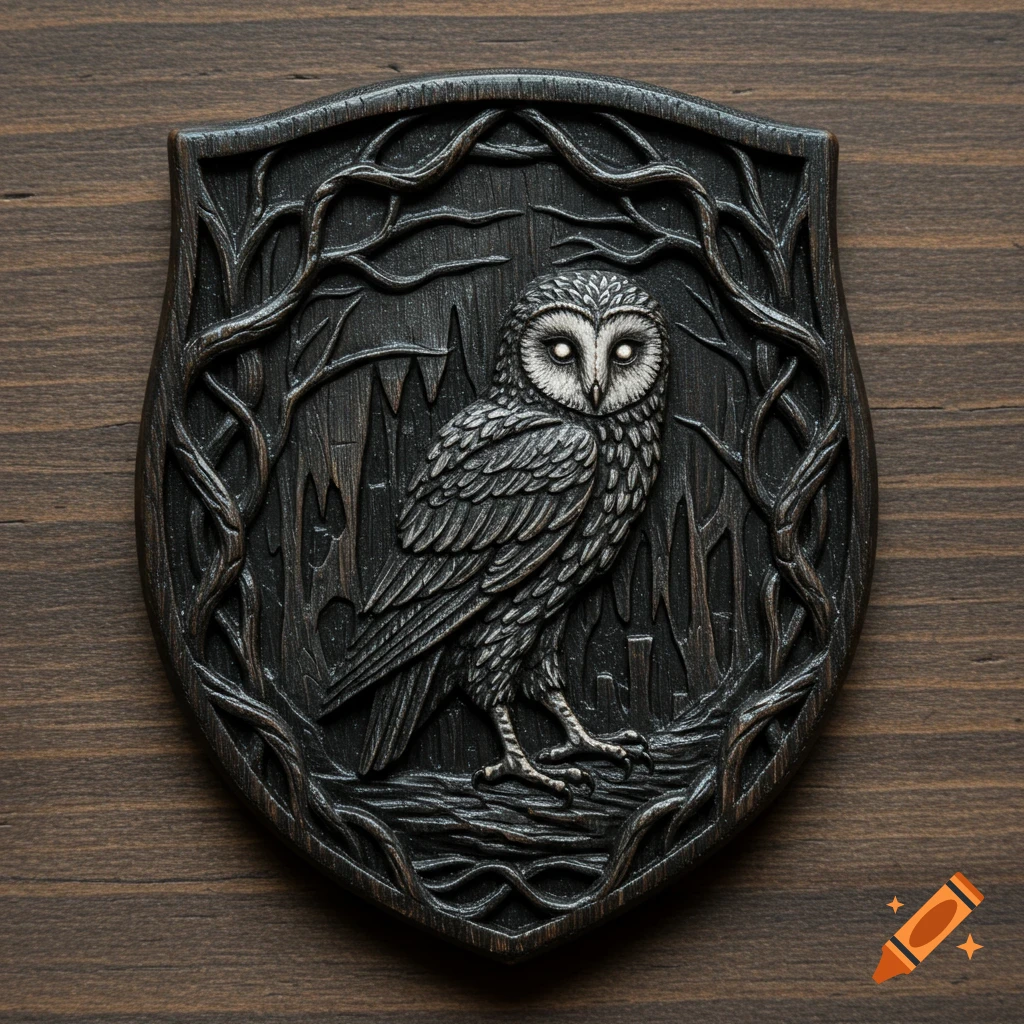 Dark wooden crest featuring an owl with glowing eyes amid gnarled branches, carved in low relief.