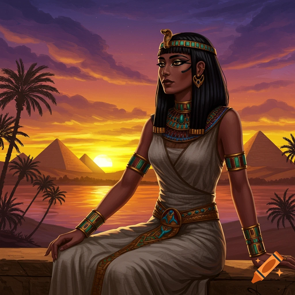 Illustrated Egyptian princess sits by a river at sunset, with pyramids and palm trees in the background.