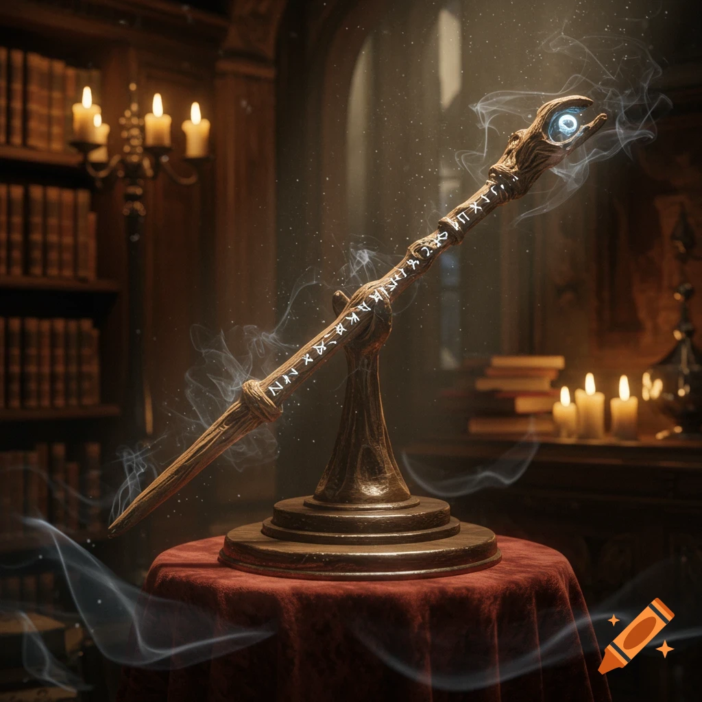 A detailed, ornate wooden wizard's wand with glowing runes and a light blue orb at its tip, standing on a pedestal in a dimly lit library with candles.