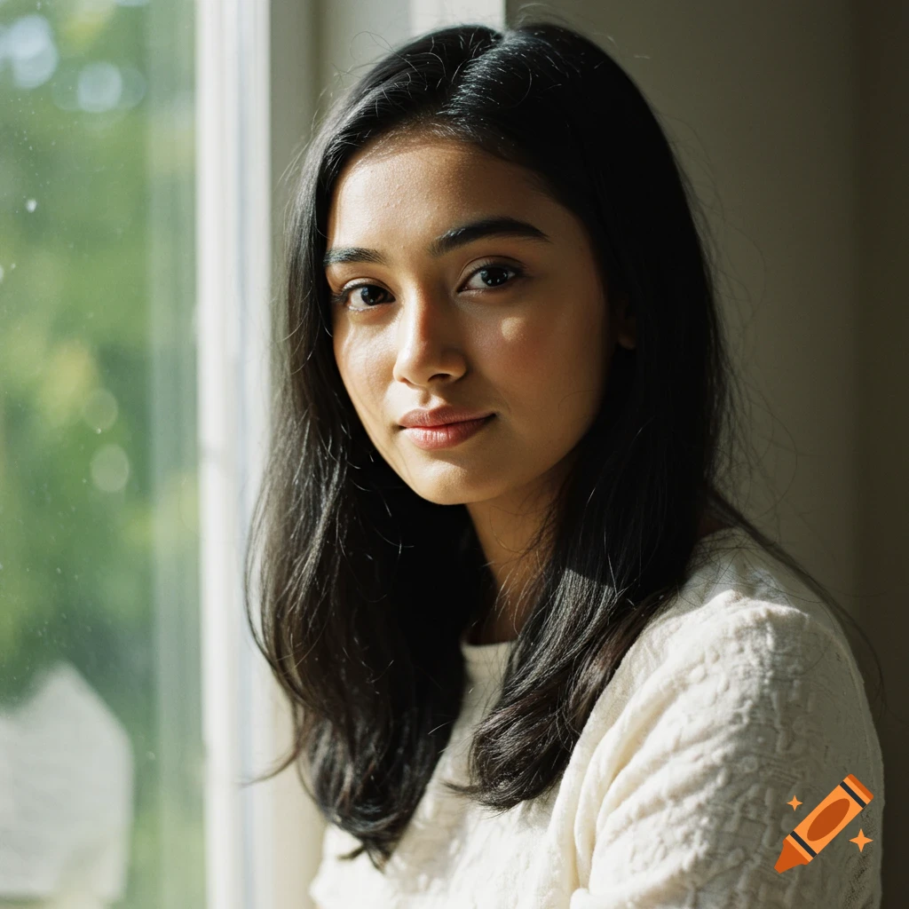 A close-up portrait of a young South Asian woman with long black hair, illuminated by natural light.