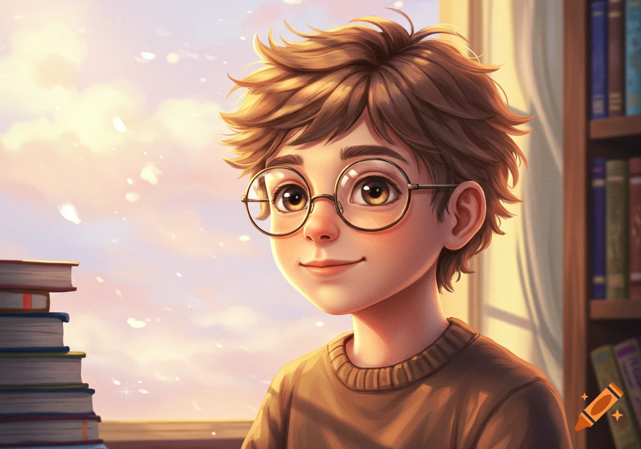 Illustrated boy with fluffy brown hair and round glasses, smiling softly, with books and a bright sky in the background.