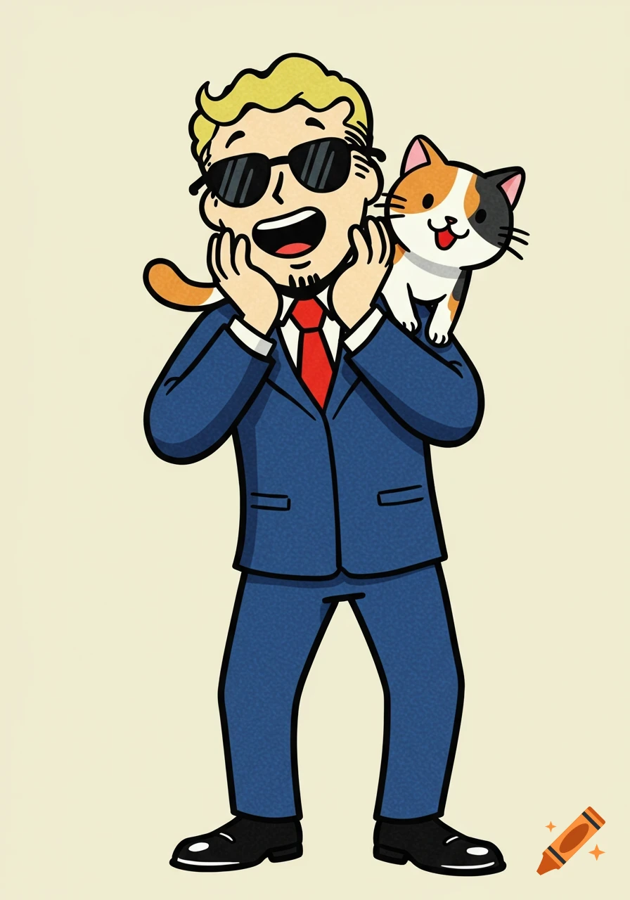 A cartoon man in a blue suit and sunglasses with a calico cat on his shoulder, striking a surprised pose like Fallout's Vault Boy.