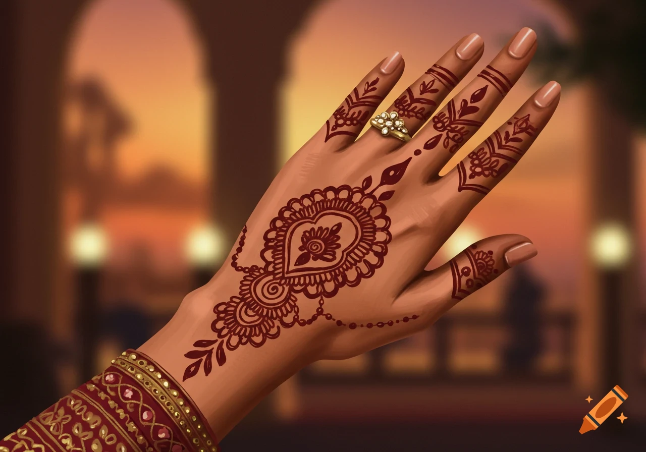 Close-up of a hand with intricate red henna designs and a gold ring, wearing a traditional red and gold patterned sleeve against a blurred warm background.