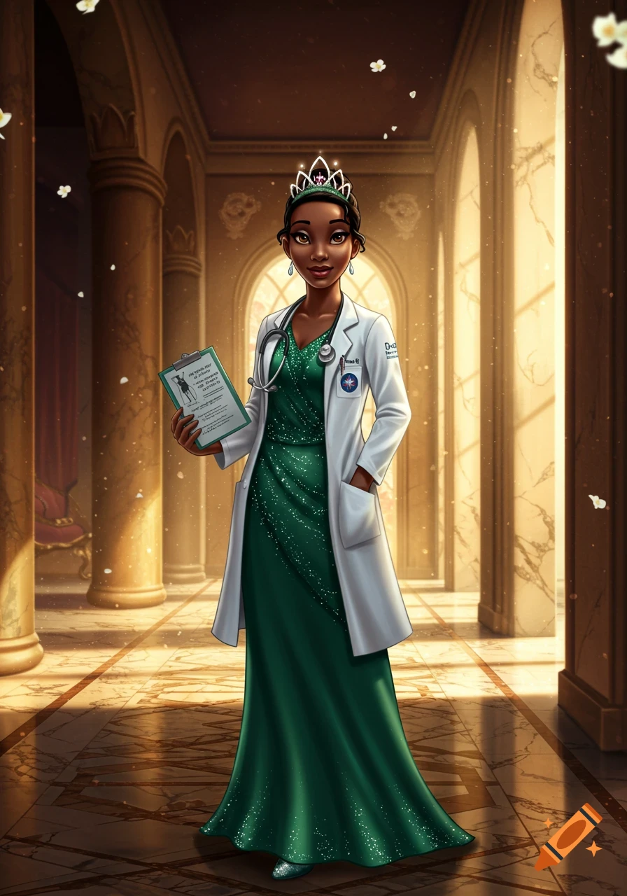 An animated woman with dark skin and a tiara wears a white lab coat over a sparkling green gown, holding a clipboard and stethoscope in a grand hall.