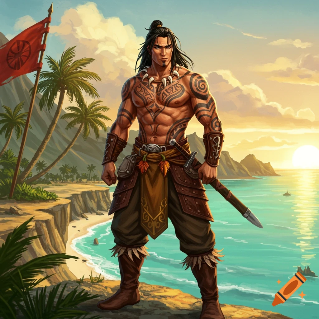 A muscular warrior with tribal tattoos and a bone necklace stands on a cliff overlooking a tropical ocean at sunset, holding a sword.