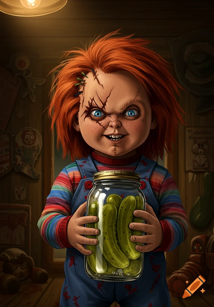 Stylized illustration of Chucky, a red-haired doll, holding a large jar of pickles with a mischievous grin.