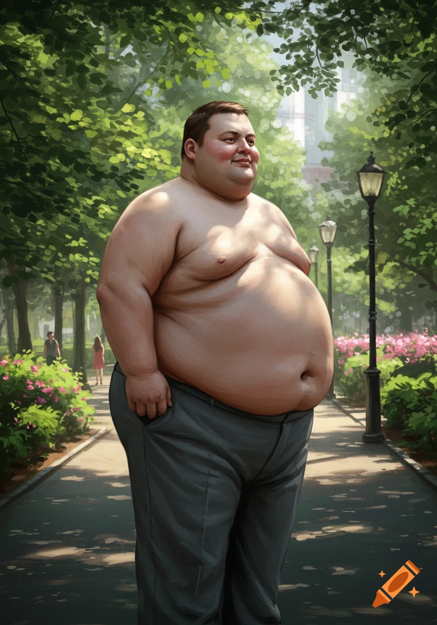 A shirtless, obese man with gray pants stands in a sunny park path with trees and flowers.