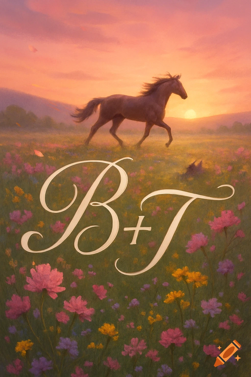 A brown horse runs through a field of pink and yellow wildflowers at sunset, with the initials "B+T" in the foreground, in a painterly style.