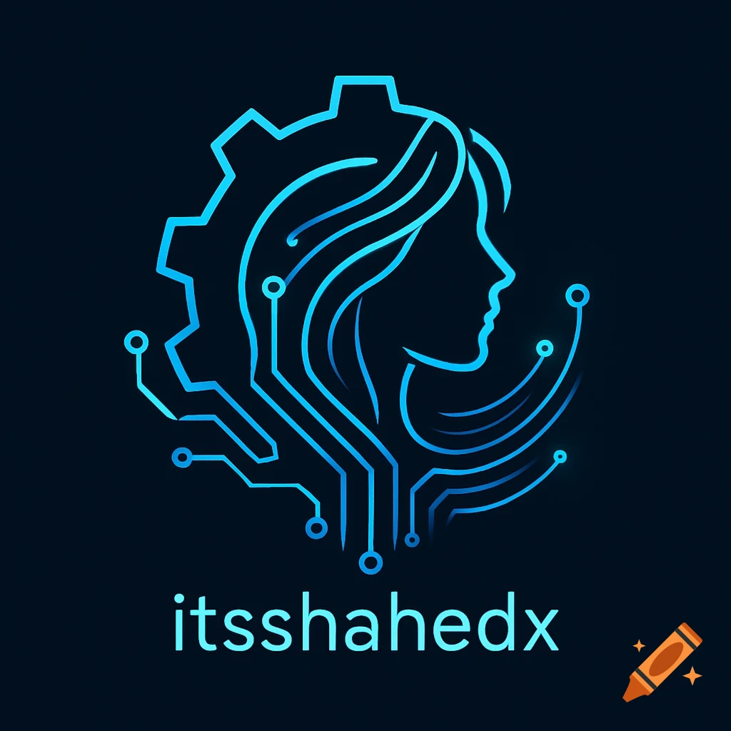 Blue line art logo of a woman's profile, a gear, and circuit board traces on a dark background, with the text itsshahedx.