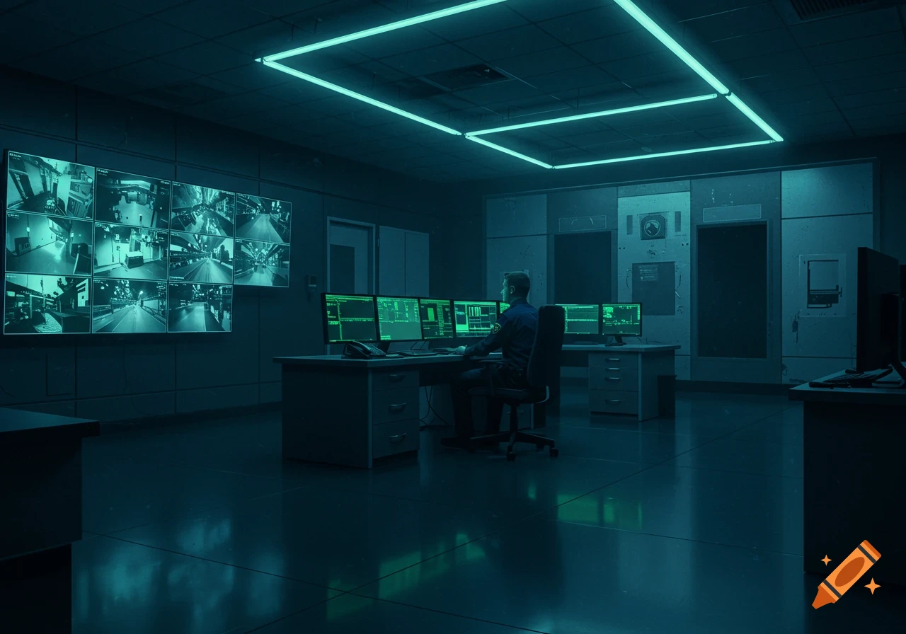 A person monitors multiple computer screens in a dark, neon-lit security control room with a wall of surveillance feeds.