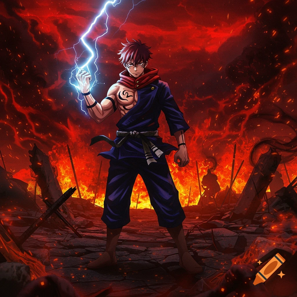 Muscular anime character with red hair and chest tattoos, wielding lightning in a fiery, destroyed landscape under a red sky.