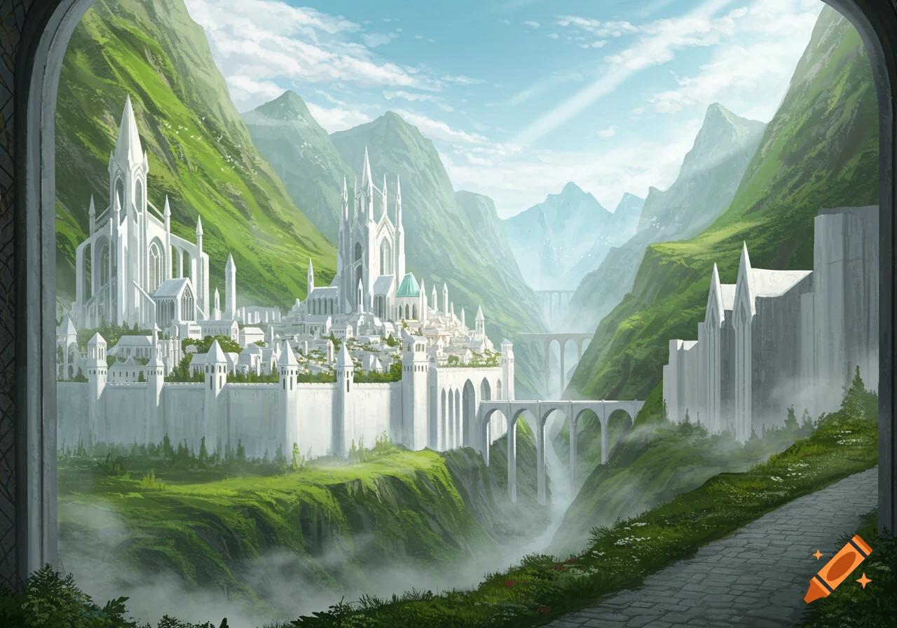 A magnificent white fantasy city with castles and walls nestled in a lush green valley with mountains and bridges under a bright sky.