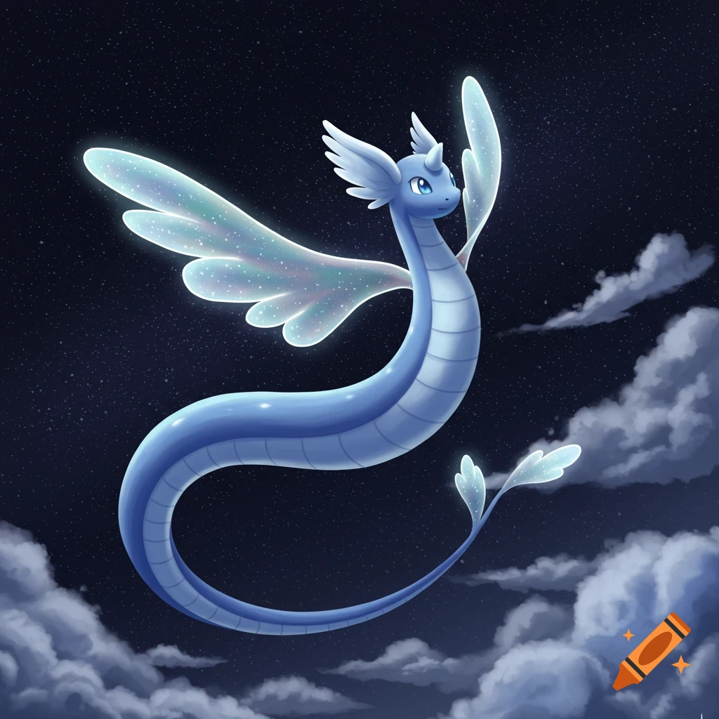 A blue, serpent-like Dragonair with shimmering, transparent wings flies gracefully through a starry night sky above fluffy clouds.