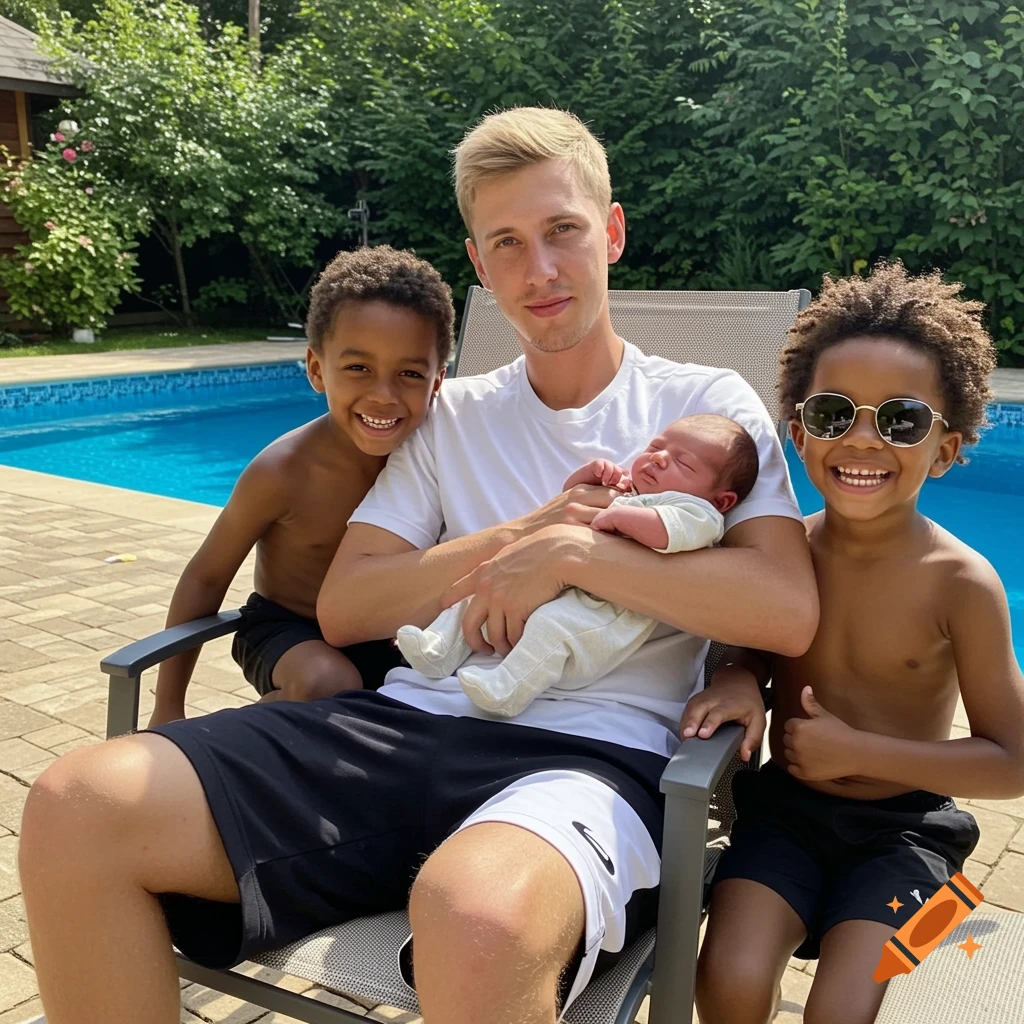 A man holding a newborn baby sits by a pool with two smiling young boys beside him on a sunny day.