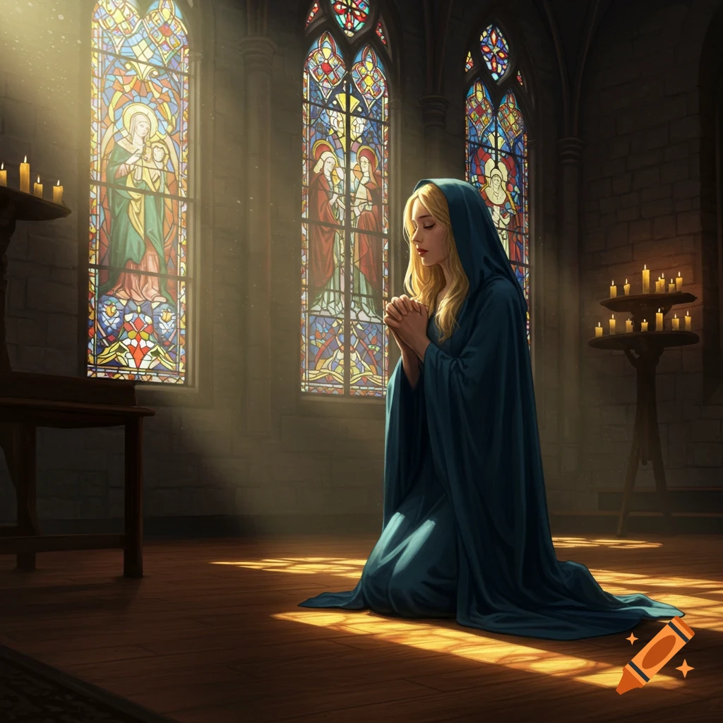 A young woman in a blue hooded cloak kneels in prayer inside a church, lit by sunbeams through stained glass windows.