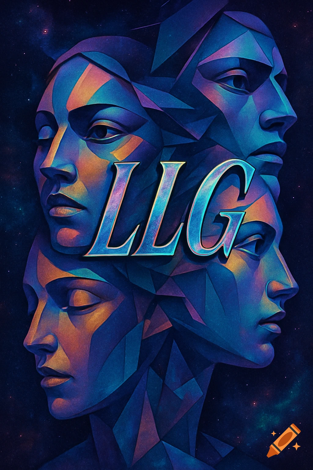 Abstract digital art with geometric stylized faces in blue, purple, orange, against a starry sky. Prominent LLG letters.