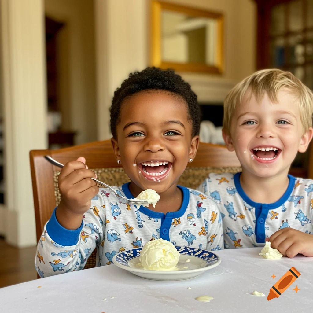 Two joyful boys in pajamas, one with green eyes, happily eating vanilla ice cream at a table, mouths smeared with dessert.