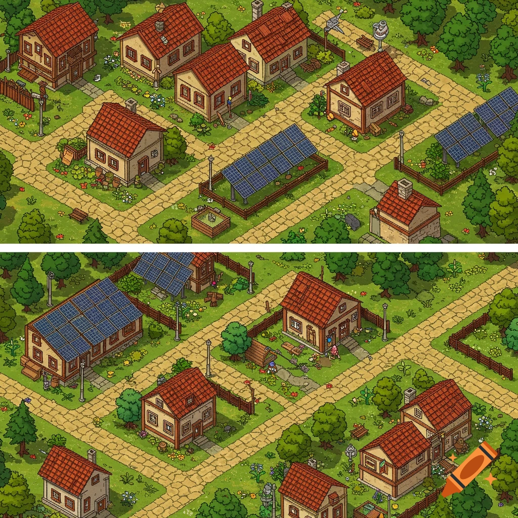 An isometric pixel art town with houses, trees, paths, and solar panels.