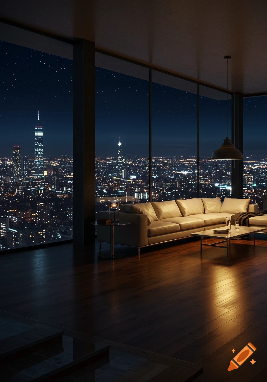 A modern living room with a beige sofa and coffee table, looking out through large windows at a sprawling city skyline at night.