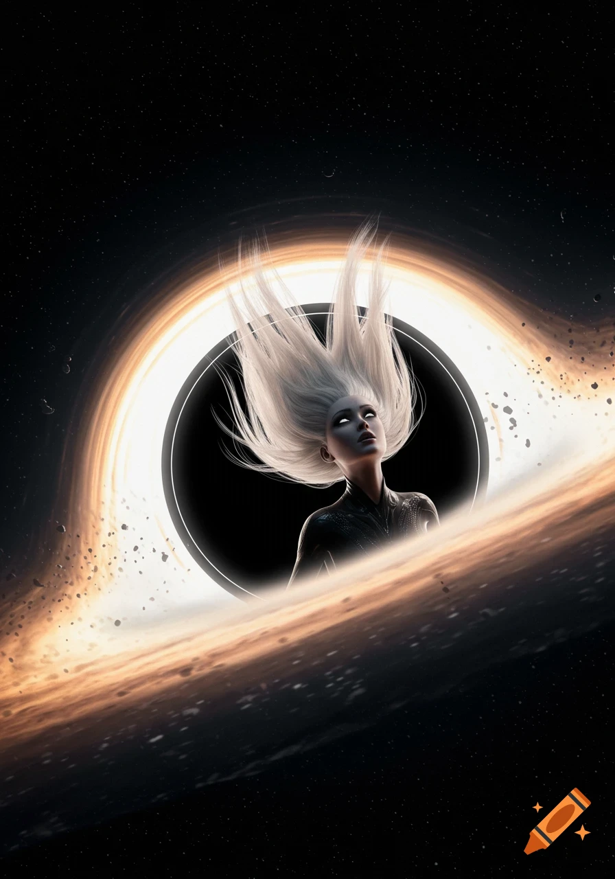 A woman with long white hair flowing upwards, centered within a black hole's glowing accretion disk in space.