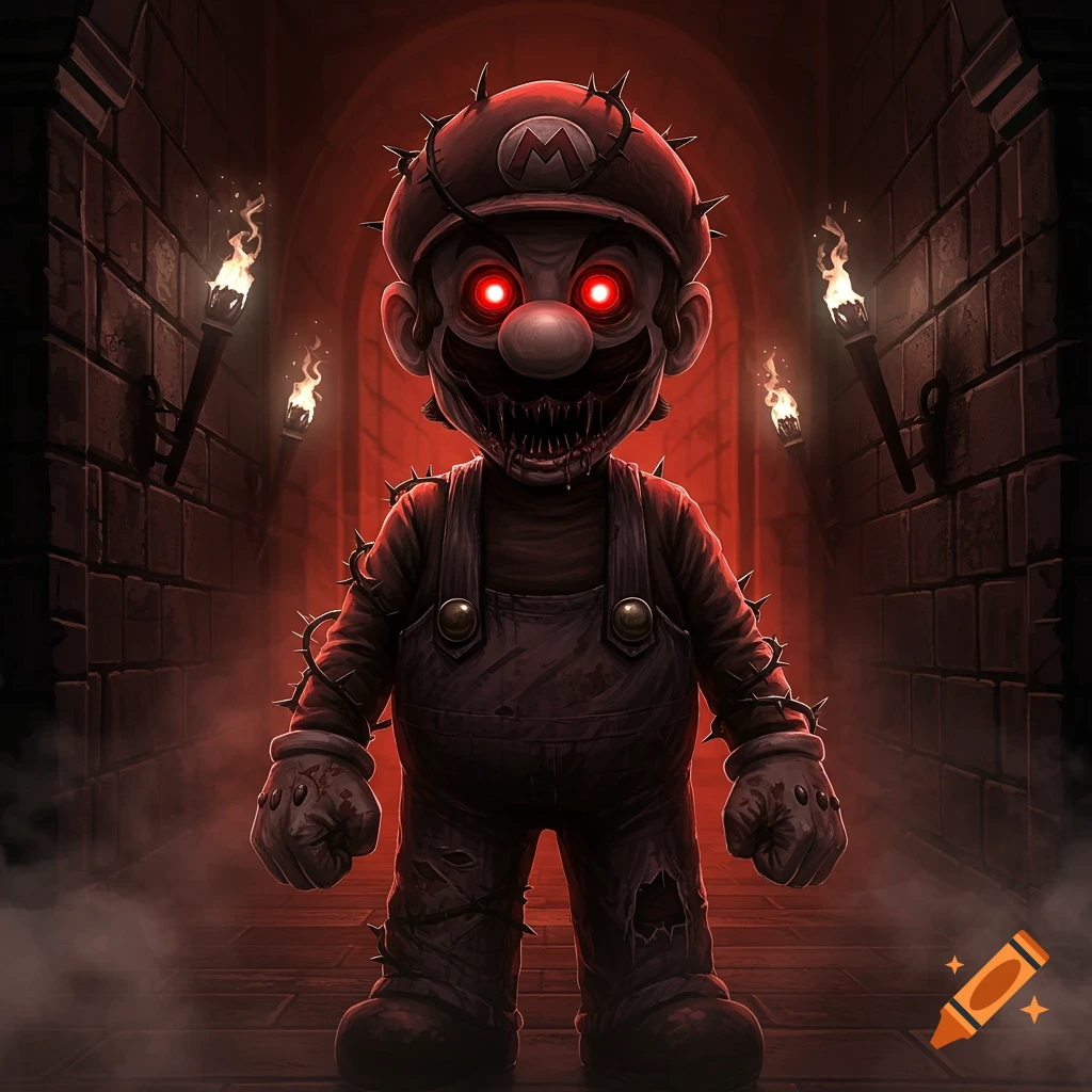 A scary, demonic Mario with glowing red eyes and sharp teeth stands in a dark, torch-lit dungeon corridor. Thorns wrap around his hat and body, his clothes are torn.