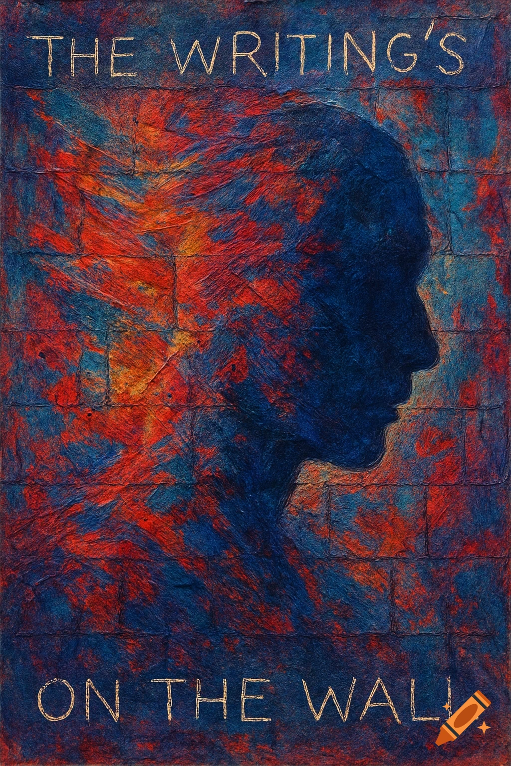 Abstract art with a dark blue profile silhouette against a vibrant red and blue textured background, with the text "THE WRITING'S ON THE WALL" in gold.