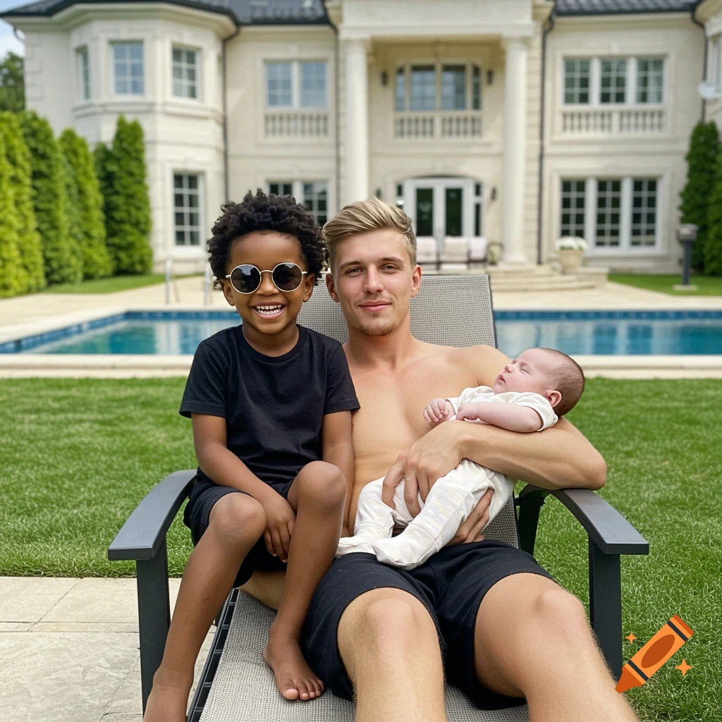 A man sits shirtless in a pool chair, holding a baby, with an older boy in sunglasses on his lap, smiling in a sunny mansion backyard with a pool.