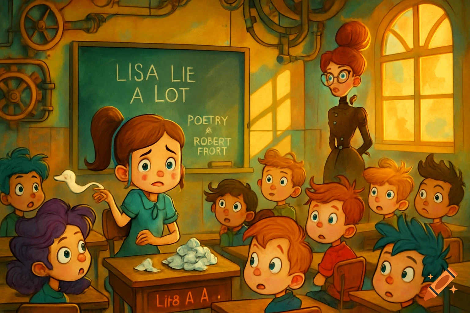 A sad girl named Lisa in a classroom surrounded by other children, tossing a tissue over her shoulder, cartoon style.