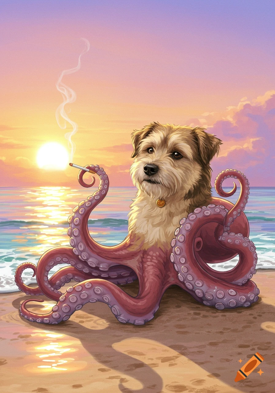 Illustrative dog-octopus hybrid smoking a cigarette on a beach at sunset.