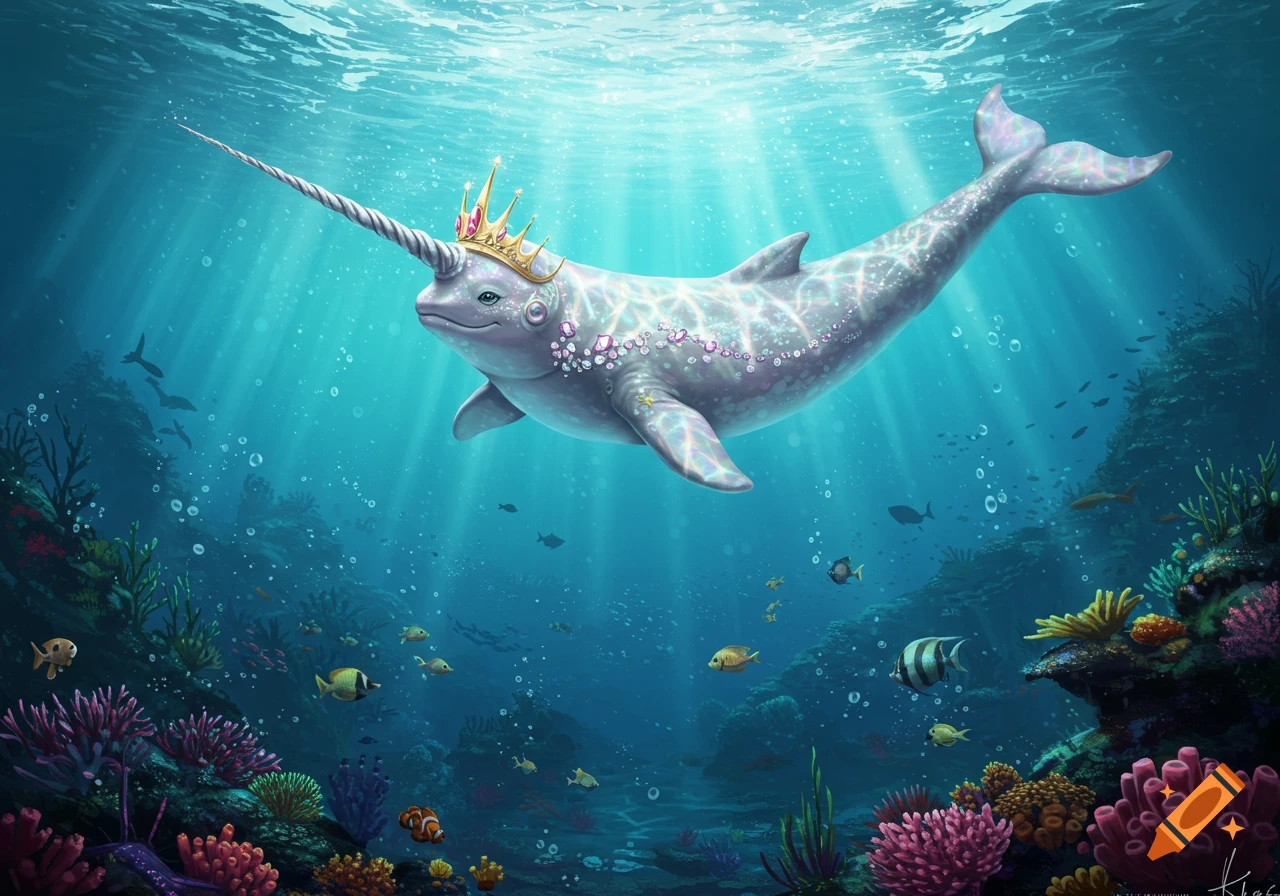 A majestic narwhal wearing a golden crown swims through a vibrant coral reef, with sunbeams filtering through the clear blue water.
