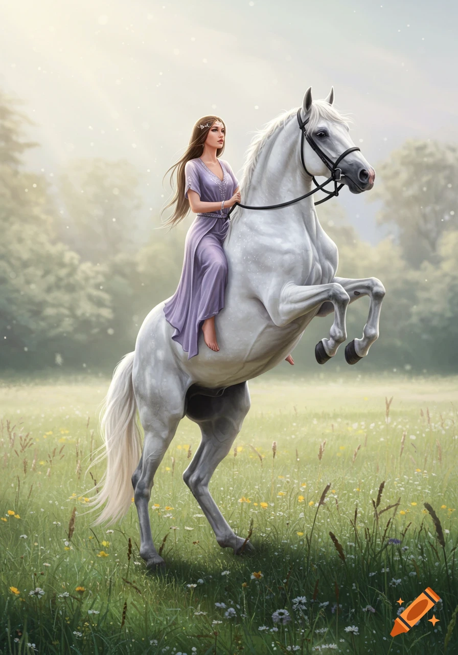 An ethereal woman in a purple dress rides a white horse rearing in a sunlit, grassy field, fantasy art style.