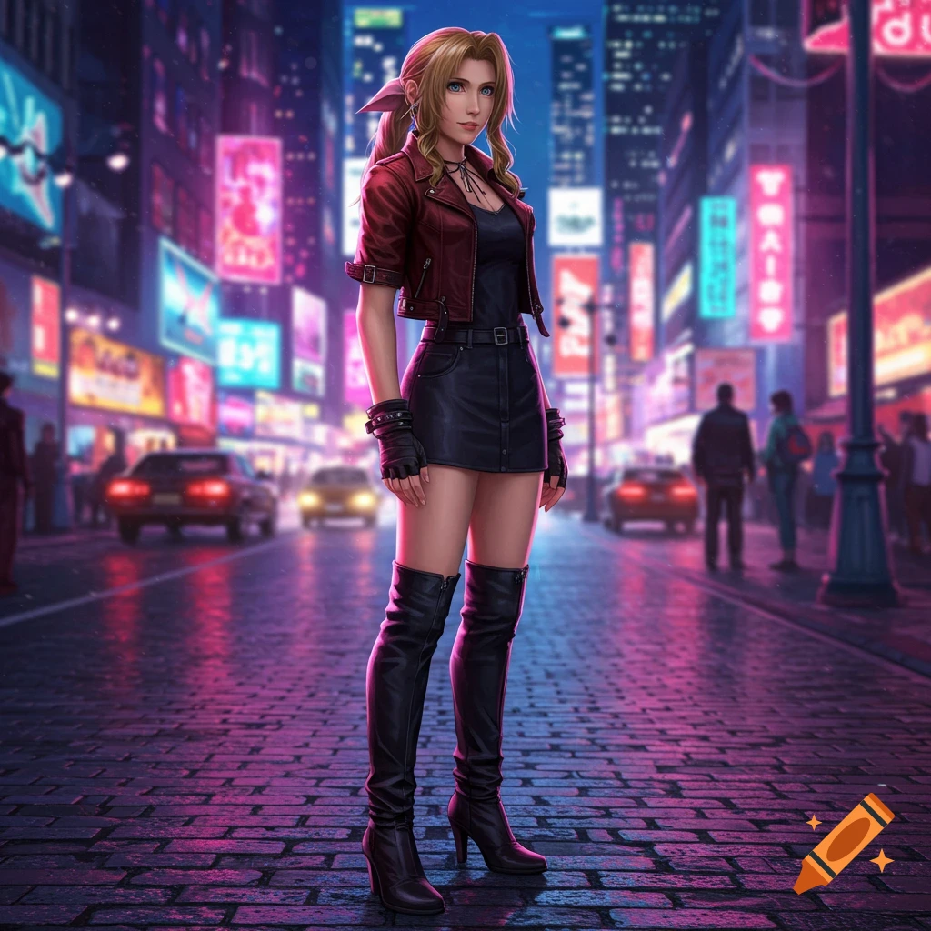 A blonde woman in a red jacket, black skirt, and thigh-high boots stands on a neon-lit city street at night. The style is digital art.