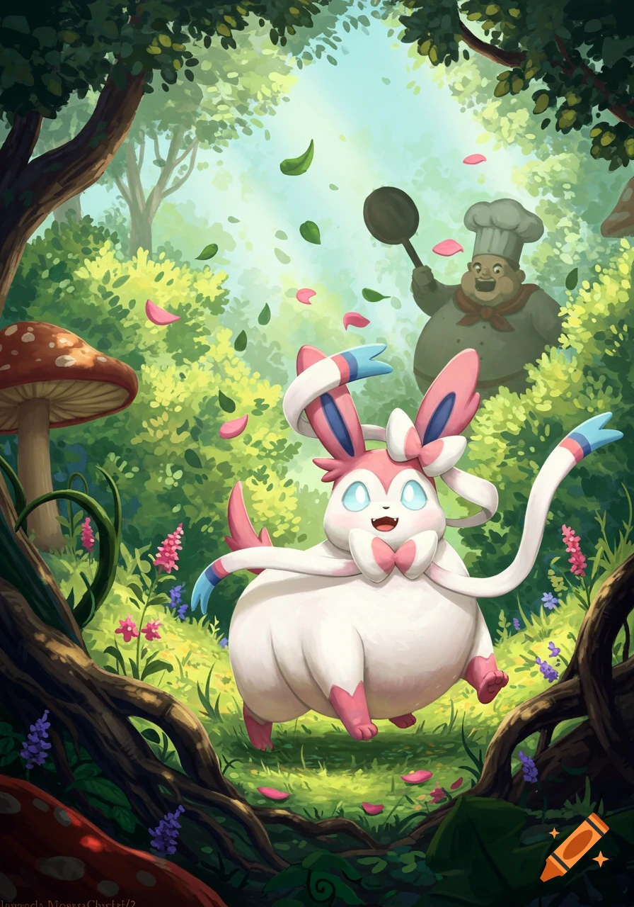 A chubby Sylveon runs through a bright, whimsical forest while a chef in the background chases it with a pan.