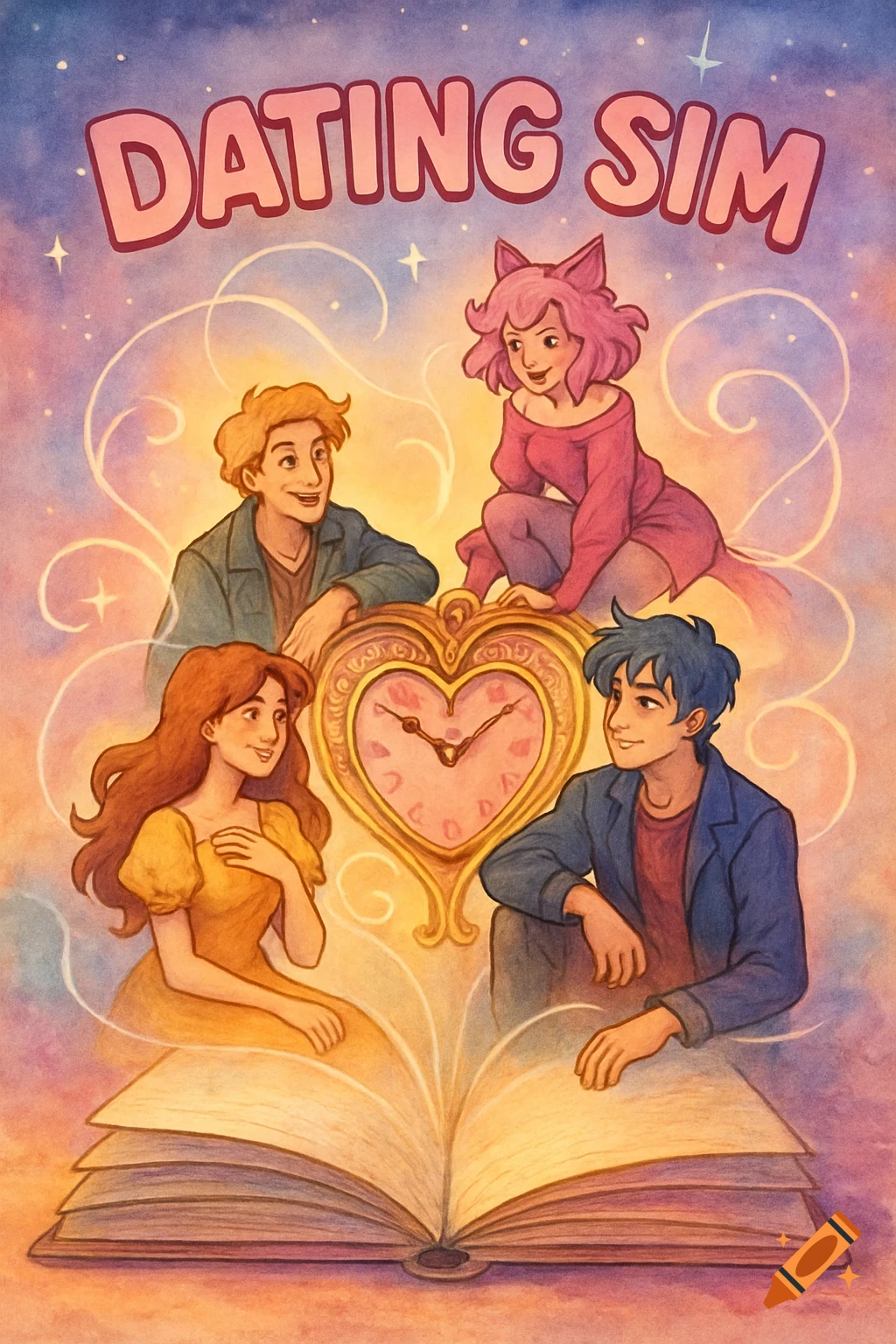 Cartoon illustration of four diverse characters (two males, two females, one with cat ears) around a heart-shaped clock and an open book.