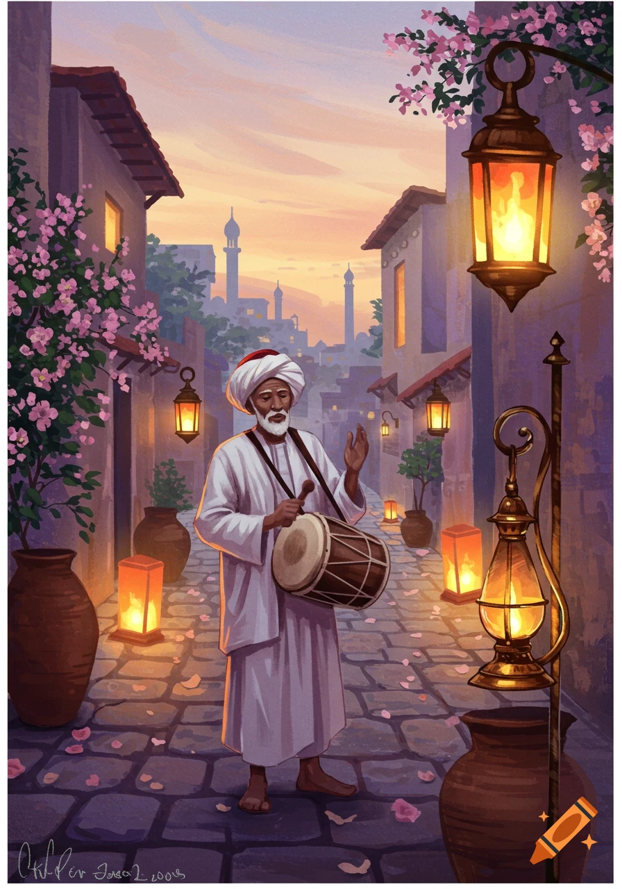 An old man in a white tunic and turban plays a drum on a cobbled street illuminated by lanterns, with buildings and flowering bushes under a dawn sky.