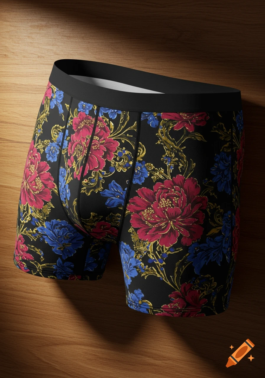 Black boxer briefs with vibrant red, blue, and gold floral patterns, resting on a wooden surface.