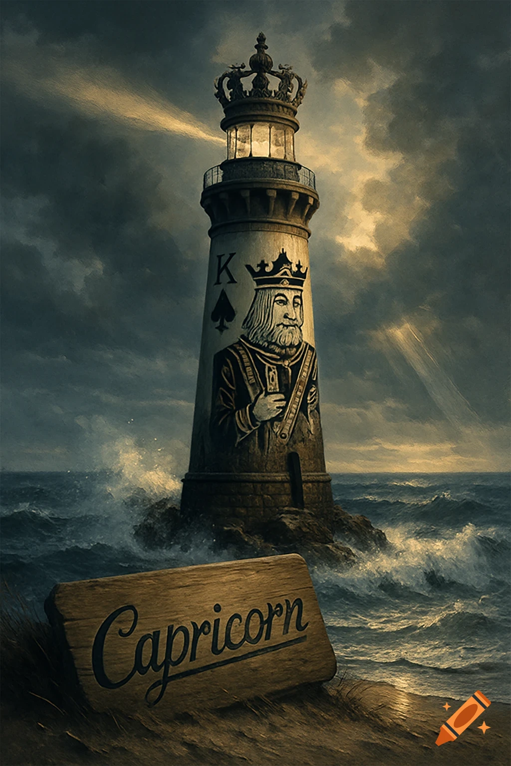 A lighthouse with a king of spades symbol and a crown on top stands in stormy seas. A wooden sign reading "Capricorn" rests on the shore.