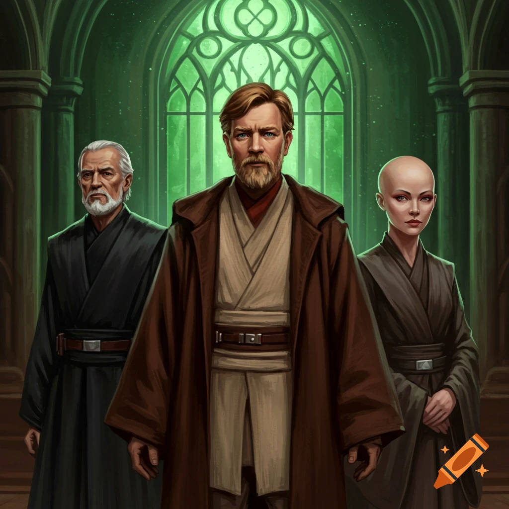 Obi-Wan Kenobi, an older man, and a bald woman stand in a green-lit gothic hall.