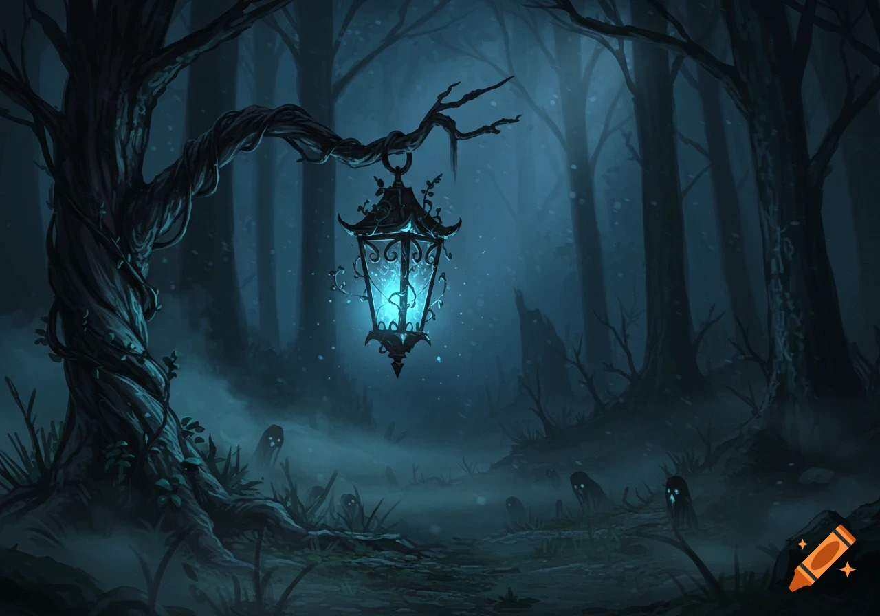 A glowing lantern hangs from a gnarled tree branch in a dark, misty forest with small, shadowy ghost figures. Stylized illustration.