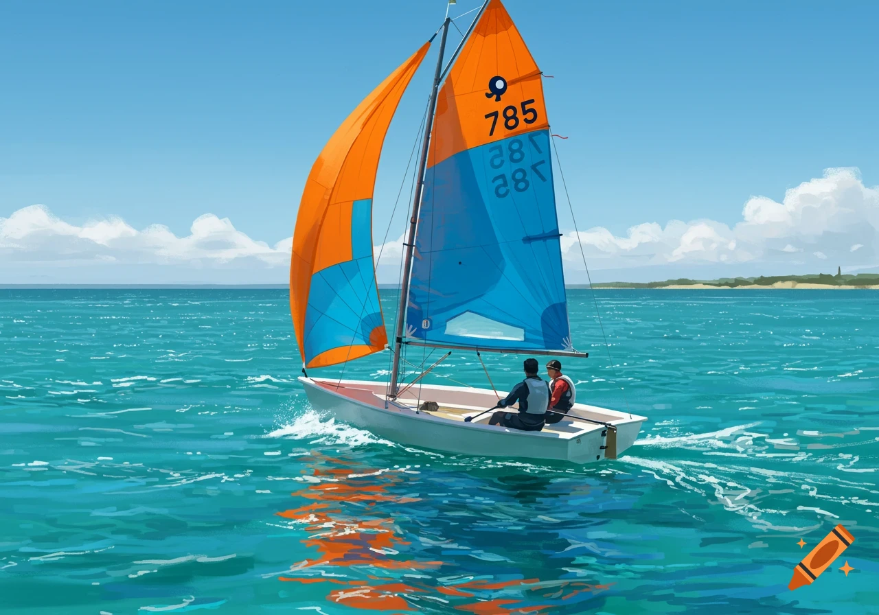 Two people sail a small dinghy with orange and blue sails across choppy turquoise water under a blue sky, in a painterly style.