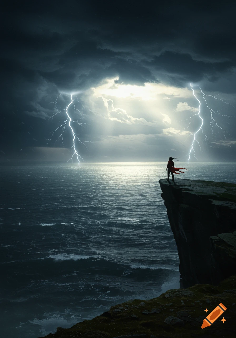Silhouetted figure in red cape on a cliff overlooking a stormy ocean with lightning striking in a dramatic, epic scene.
